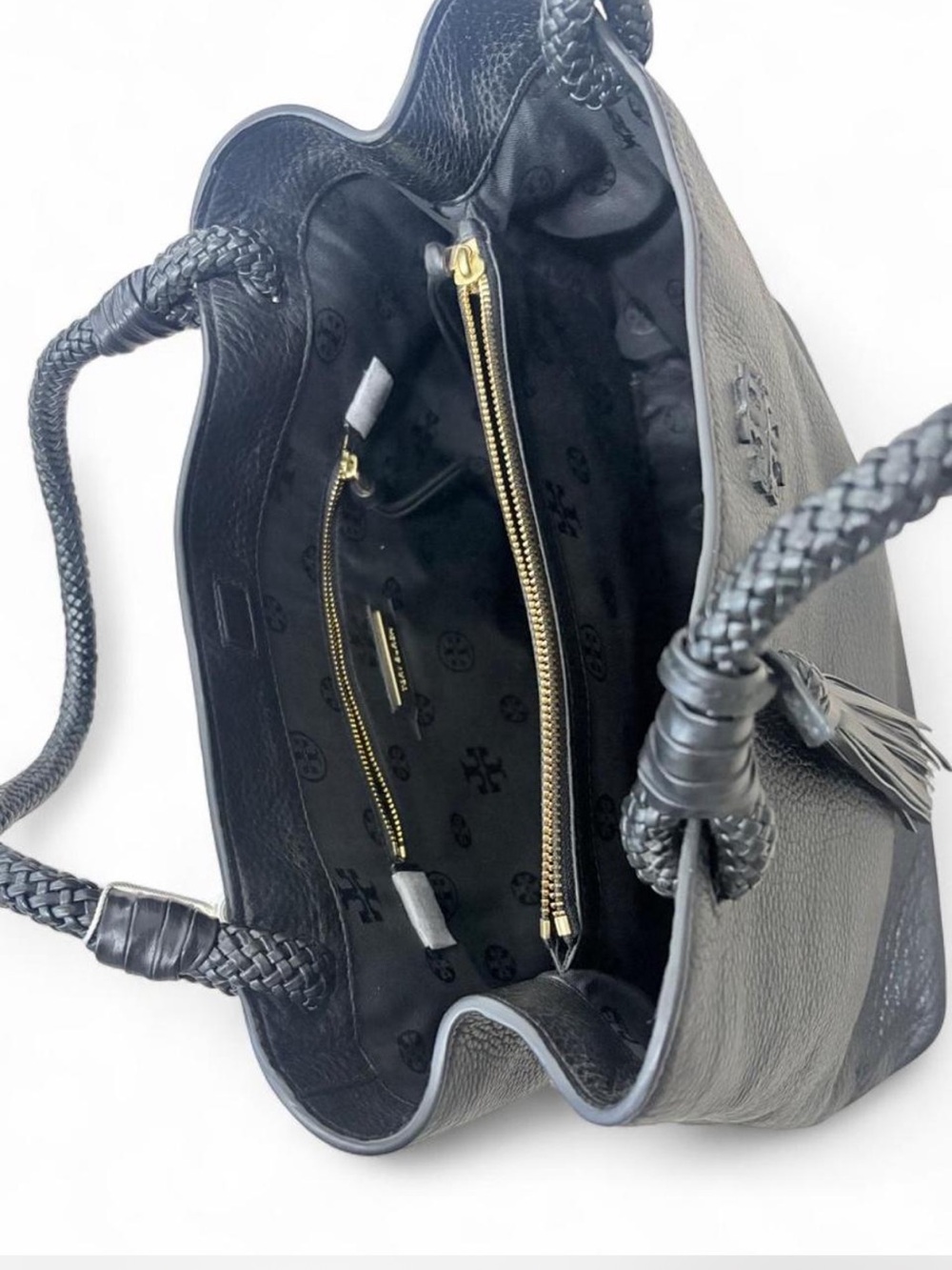 NWT Black Tory Burch Leather Tote Handbag with Braided Handles - Picture 7 of 9